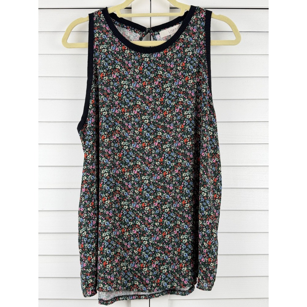 LOFT Tank Top Women XL Black Floral Keyhole Mixed Media Sleeveless